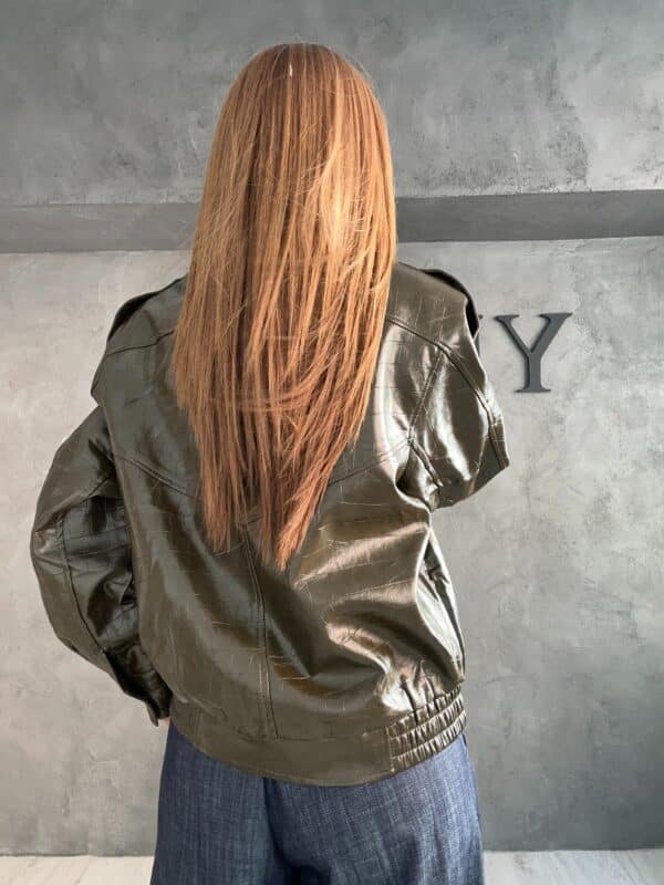 Λαδί Jacket Δερματίνη με Γυαλιστερή Κροκό Υφή - New Collection