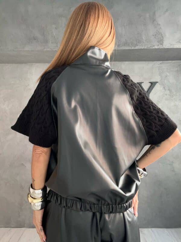 Μαύρο Jacket Δερματίνη με Πλεκτό Μανίκι - New Collection