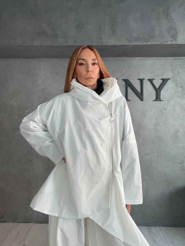 Λευκό Αδιάβροχο Oversized Πανωφόρι με Φερμουάρ - New Collection